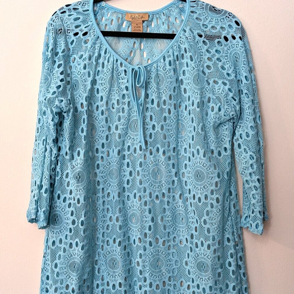 NWOT Peck & Peck Weekend Women's Turquoise Blue Lace Beach Cover-Up. Size XL
